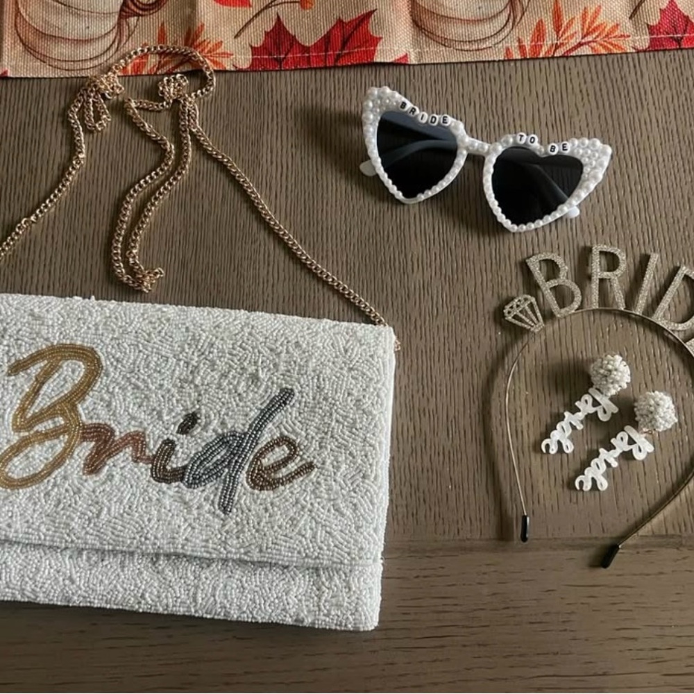 White Beaded 'Bride' Crossbody and Accessories